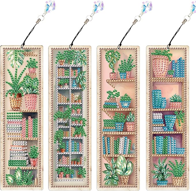 4 Pieces Diamond Painting Bookmarks for Adults Plant Bookshelf Design 5D Rhinestone Art Bookmark Kits Beautiful DIY Diamond Art Bookmarks with Tassels Crafts Gifts Supplies