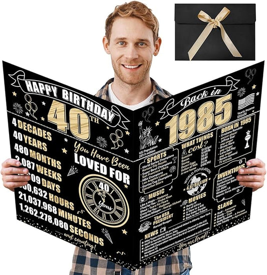 Large 40th Birthday Card With Envelope for Men Women, 1985 Black Gold Happy 40th Birthday Giant Guest Signature Book Gifts, Big Vintage 1985 40th Greeting Card Decoration Party Supplies