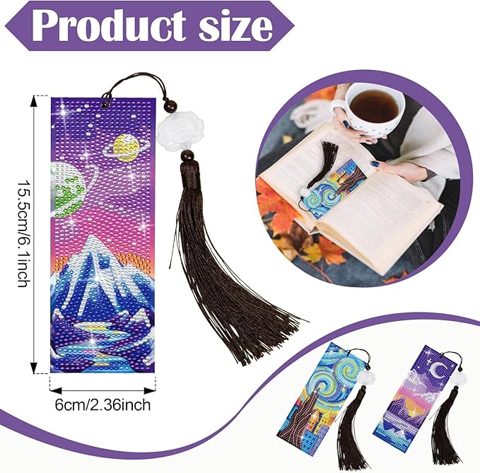 Anseal 3 Pcs 5D Diamond Bookmarks Painting for Adults, Starry Night PU Leather Diamond Art Kits for Adults, Tassel Beaded Book Mark for Graduation Birthday Reading Present