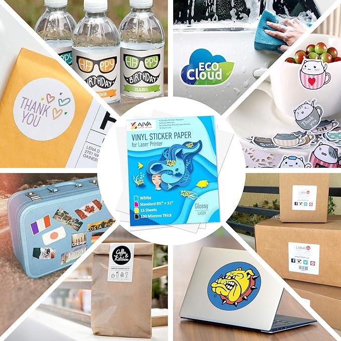 Printable Vinyl Sticker Paper for Laser Printer - Glossy White - 15 Self-Adhesive Sheets - Waterproof Decal Paper - Standard Letter Size 8.5"x11"