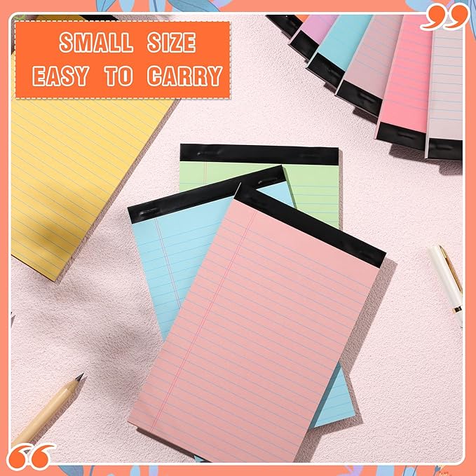 Lincia 12 Pcs 5" x 8" Colored Note Pads Mini Legal Pads Ruled 50 Sheets Per Micro Writing Pads Perforated and Lined for College Office Supplies (Bright Colors)
