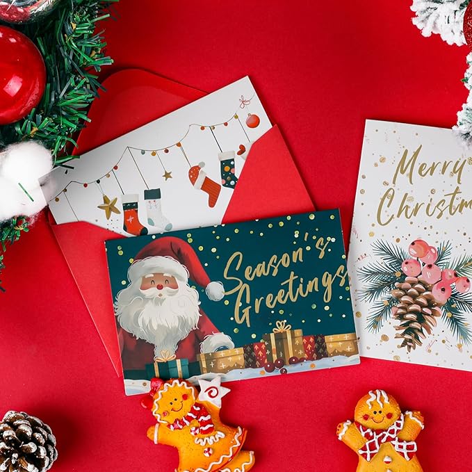 Christmas Cards Assortment, 24 Holiday Cards with Red Envelopes, Greeting and New Years Cards with 6 Designs for Christmas, Holiday, New Year Gift (4x6 Inch)