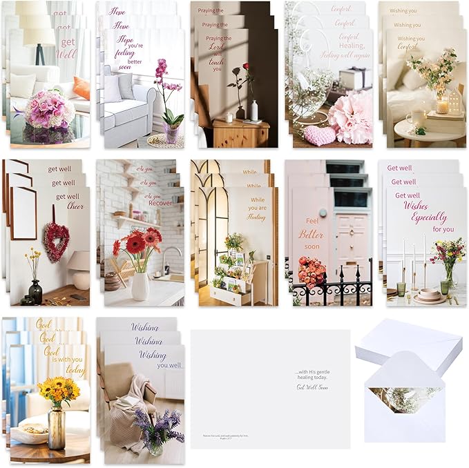 36 Sets Christian Get Well Soon Cards with Scripture Assorted Religious Bible Verse Wishing You Well Greeting Cards with Envelope(Various Floral)