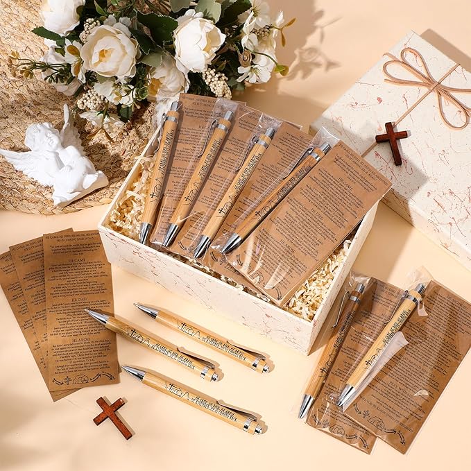 100 Sets Religious Bible Verse Gifts Bulk Christian Bookmarks Inspirational Bamboo Pens Easter Gifts for Men Women Sunday School Church Activities