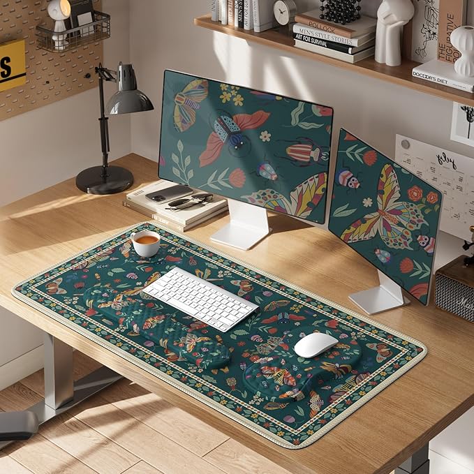 iLeadon Desk Pad Mat for Keyboard and Mouse,4in1 Green Large Mouse Pads Set for Desk,Ergonomic Wrist Rest for Computer Keyboard,Cup Coaster with Non-Slip Rubber Base for Home Office,Dark Green Insect