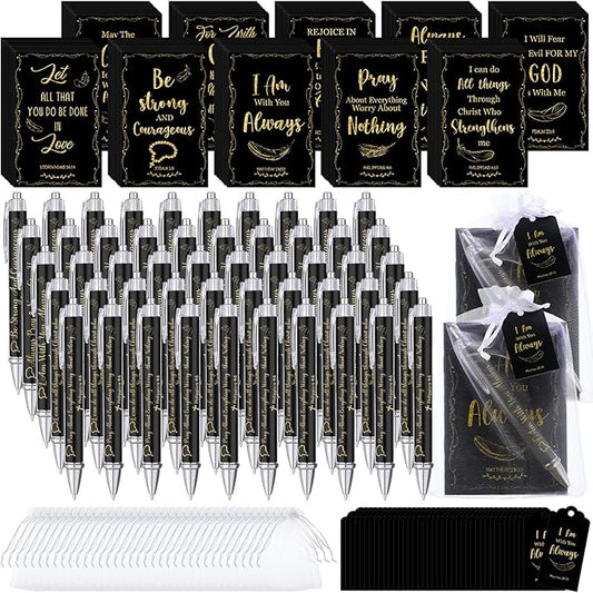 200 Pcs Bible Verse Sets Church Christian Gift Include 50 Scripture Notebooks 50 Bible Bamboo Pens 50 Thanks Tags 50 Organza Bags for Women Man Christian Party Gifts(Black,Fresh)