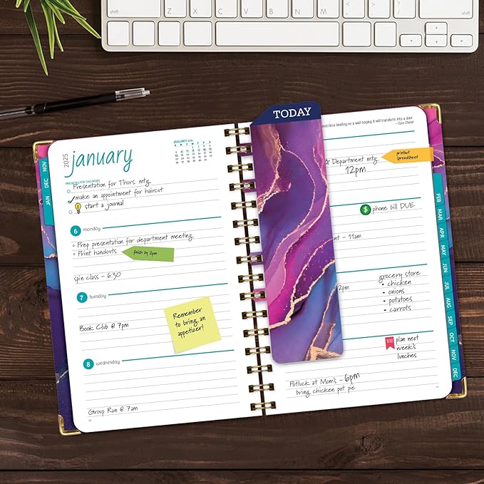 HARDCOVER 2025 Planner, 5.5"x8": 14 Months (November 2024 - December 2025), Daily Weekly Monthly Planner, Yearly Agenda, Bookmark, Pocket Folder and Sticky Note Set (Pink Purple Marble)