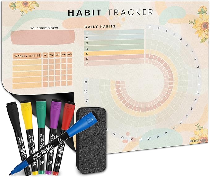 Habit Tracker Journal Workout Motivation Fridge Calendar Dry Erase 13” X 17” Magnet Health Fitness Goal Tracker Goals Board - with Shopping Grocery List - 6 Markers Included