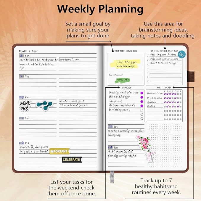 Upgraded Planner 2024-2025 A5, Undated Leather Hardcover Planner with Sticker Tabs, Organizer Notebook, Weekly Goals Planner, Daily Planner, To Do List, Habit Tracker, Aesthetic, School or Office