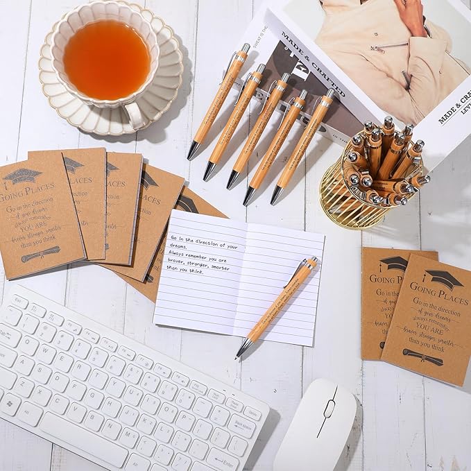 Kosiz 120 Pcs Graduation Gifts Motivational Mini Journal Inspirational Bamboo Pen Kraft Notebooks Bulk Wooden Retractable Ballpoint Pen for Class of 2025 College Gifts (Wooden)