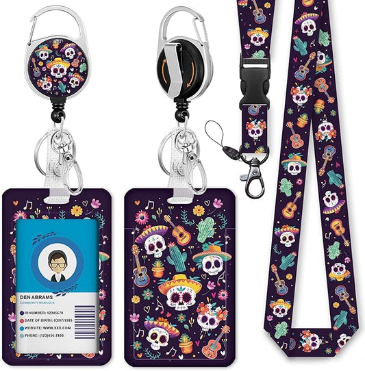 Giancomics Day of The Dead Lanyards for Id Badges, Sugar Skull ID Badge Holder with Lanyard Badge Reel Retractable, Spooky Lanyard with ID Holder Keychain Clip Name Tag ID Card Holder Women Office
