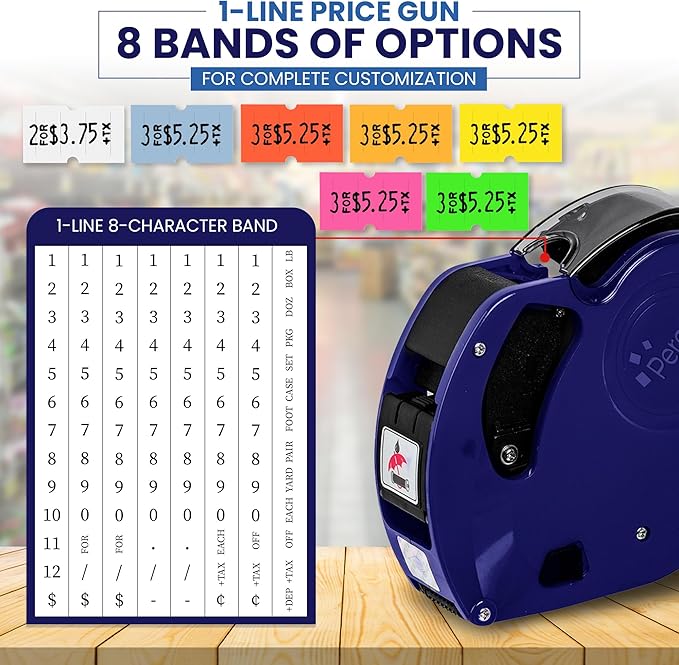 Perco Lite 1 Line Price Gun with Labels Kit - Includes 1 White Roll, 6 Multicolored Rolls, 2 Ink Rollers, 1 Ink roll and Labels Pre-Loaded