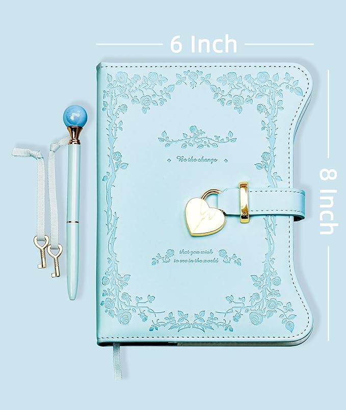 Diary with Lock and Keys for Girls Gifts Ideas, 360 Gold Edged Pages Journal for Women, B6 Refillable Notebook for Writing with Pen and Bookmark (Light Blue)
