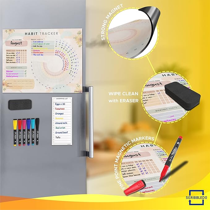 Habit Tracker Journal Workout Motivation Fridge Calendar Dry Erase 13” X 17” Magnet Health Fitness Goal Tracker Goals Board - with Shopping Grocery List - 6 Markers Included