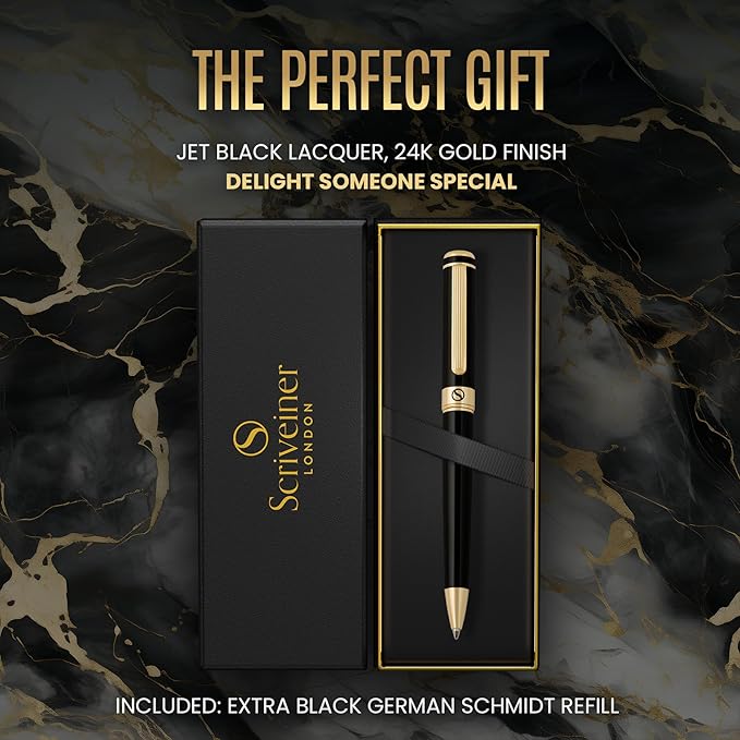 Scriveiner Black Lacquer Ballpoint Pen - Stunning Luxury Pen with 24K Gold Finish, Schmidt Black Refill, Best Ball Pen Gift Set for Men & Women, Professional Executive Office, Nice Fancy Designer Pens