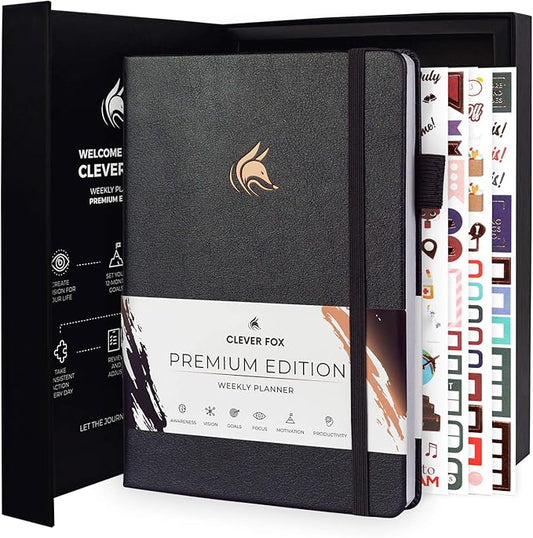 Clever Fox Planner Premium Edition – Undated Luxurious Weekly & Monthly Planner to Increase Productivity and Hit Your Goals – Organizer – Start Anytime, A5, Lasts 1 Year, Silver Black (Weekly)