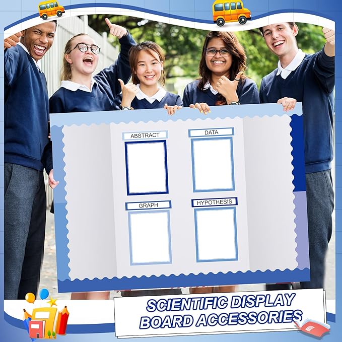 90 Pcs Science Fair Board Supplies 60 Trim Scalloped Bulletin Board Borders 24 Presentation Board Subtitles 6 Science Fair Titles for Classroom Display Boards (Blue Boho)