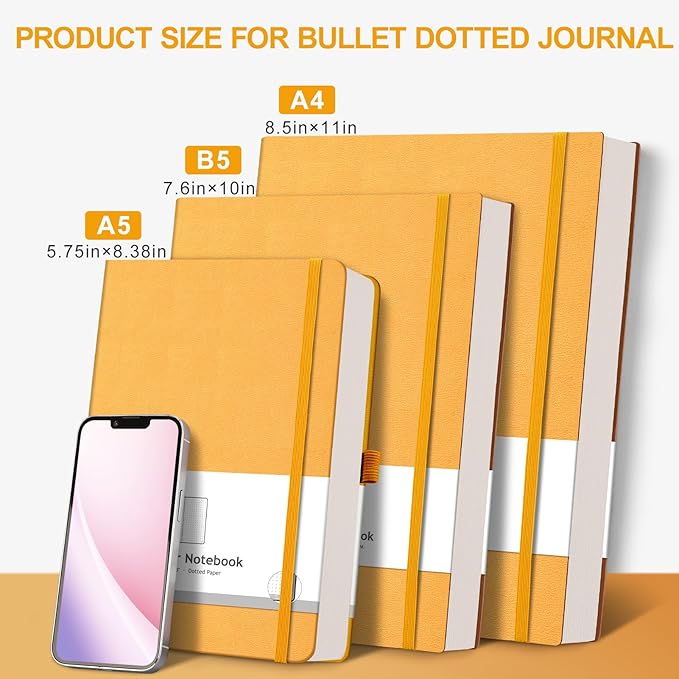 AHGXG Bullet Dotted Journal - Large A4 Notebook Dotted, 8.5''×11'', 320 Pages Dot Grid Notebook, 100gsm Thick Paper, Leather Softcover, with Journal Stencils, Inner Pocket - Yellow