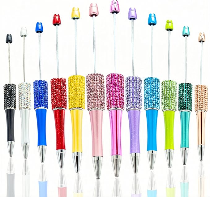 12Pcs Beadable Pens Bulk Diamond Ballpoint Pens Multicolor Retractable Writing Pens Bead Pens DIY Focal Beads Pens Making Kit Gifts for School Office Teacher Staff Students