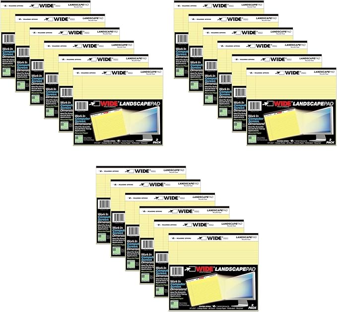 Roaring Spring Case of 18 of Landscape Note Pads, 11"x9.5", 40 sheets Heavyweight 20# Recycled Canary Paper, 2 Pads/pack, College Ruled W/Margin, Micro-Perforated