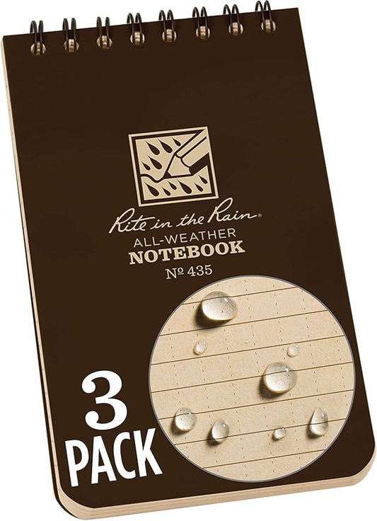 Rite in the Rain Weatherproof Top Spiral Notebook, 3" x 5", Brown Cover, Universal Pattern, 3 Pack (No. 435-3X)