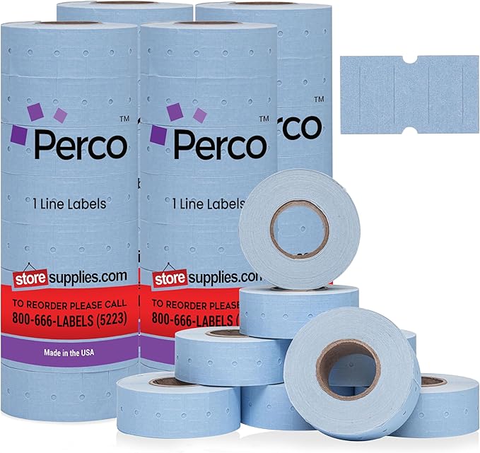 Perco 1 Line Blue Labels - 32 Rolls, 4 Sleeves, 32,000 Blank Price and Date Gun Labels for Perco 1 Line Price and Date Guns - Made in USA