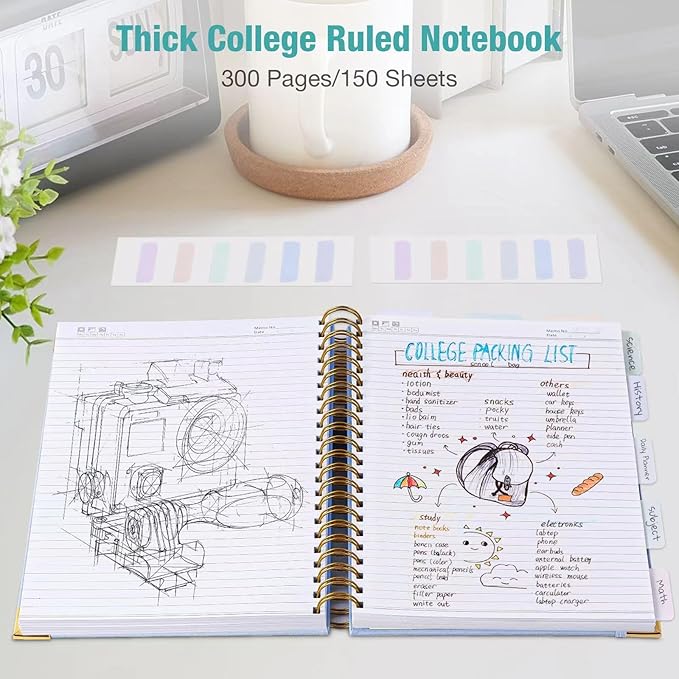 Spiral Notebook, College Ruled Notebook, A5 300 Pages Leather Journals for Writing, 5.7" x 8.5" Hardcover Journaling Notebooks for Work School, 24pcs Tabs, Large Embossed Journal for Women Men, Purple