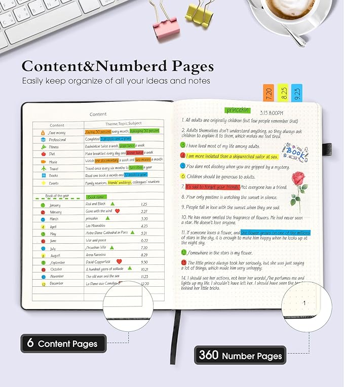 Bullet Dotted Journal Notebook, 360 Numbered Pages Dot Grid Notebooks 8.5 x 11, 100gsm Dot Paper Thick Hardcover Leather Journals for Writing Women Men, A4 Large Bullet Dotted Notebooks for Work Black