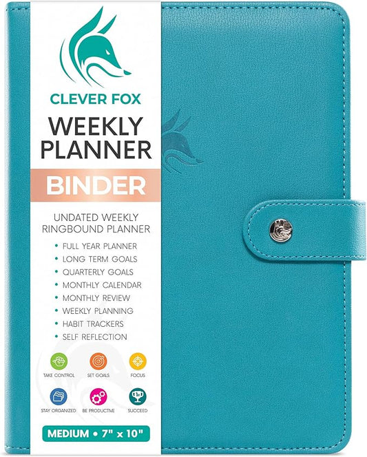 Clever Fox Weekly Planner Binder – Goal Setting Planner for Time Management & Weekly Tasks – Work & Life Organizer with to Do List & Habit Tracker – Undated, 7″ x 9″ Hardcover (Turquoise)