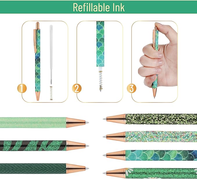 Mr. Pen- Fancy Pens for Women, Emerald Enchantment, 7 Black Ink Ballpoint Pens with 10 Refills, 1.0mm, Glitter Cute Pens for Journaling, Sparkly Fancy Pen, Easter Gift