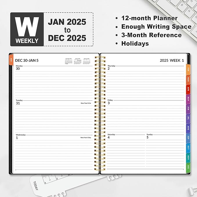 SUNEE 2025 Weekly and Monthly Planner - from January 2025 - December 2025, 8.5"x11" Daily Agenda Planner with Monthly Tab, Flexible Cover, Note Pages, Pockets, Bookmark, Spiral Binding, Black
