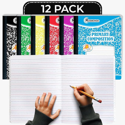 12 Pack Primary Composition Notebooks, 200 Pages (100 Sheets), Primary Ruled Composition Notebook for Kids, 9-3/4" x 7-1/2", Grades K-2 Writing Workbook, Writing Dotted Lined, Assorted Marble