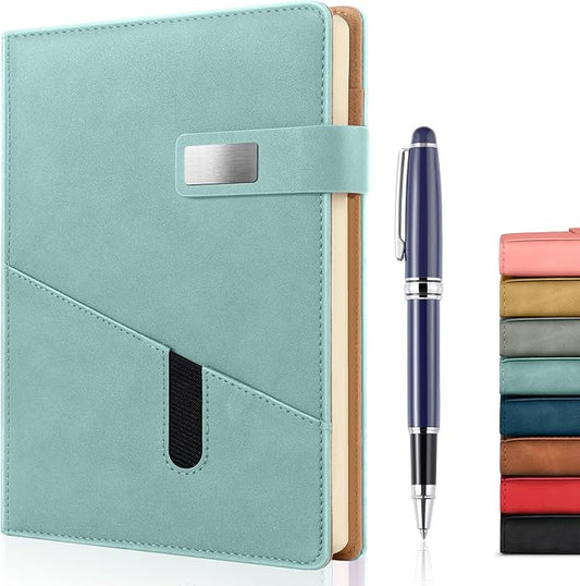 A5 Lined Leather Journal with Pen, 240 Pages Refillable Hardcover Notebook with Pocket and Magnetic Buckle, 80gsm Thick Daily Diary for Men and Women, Great Gift for Business School Travel Personal - Light Green