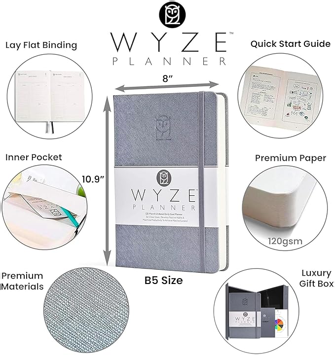Pro - Goal Setting Planner to Increase Productivity and Achieve Personal and Business Goals. 12 Month Undated Daily, Weekly and Monthly Journal Organizer with Calendar (Gray)