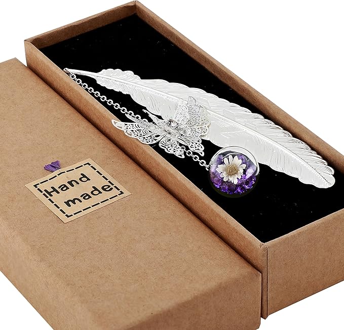Toirxarn Silver Feather Bookmark with Butterfly Charm - Elegant Bookmarks for Women, Book Lovers Gifts, Book Marker for Reading, Teacher Appreciation Gifts, Unique Birthday Gifts, Stocking Stuffers