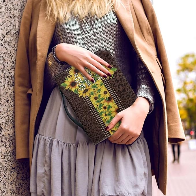 Lotusorchid PU Leather Bible Bag for Women with Inspiring Bible Verses, Sunflower Leopard Print Bible Cover Women Girls, Sturdy Bible Book Carrying Bags Christian Bible Study Accessories, XL