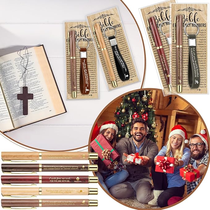 25 Sets Christmas Christian Church Gifts Bulk Bible Verse Plastic Gel Pen Religious Silicone Keychains Scripture Bookmark 2''x 6'' Emergency Numbers Bible Bookmarks Gift Pastor (Wood Color)
