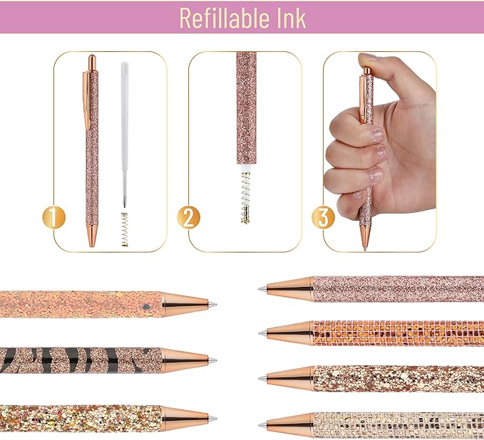 Mr. Pen- Fancy Pens for Women, 7 Black Ink Ballpoint Pens with 10 Refills, 1.0mm, Rose Gold Reverie, Glitter Cute Pens for Journaling, Sparkly Fancy Pen, Easter Gift