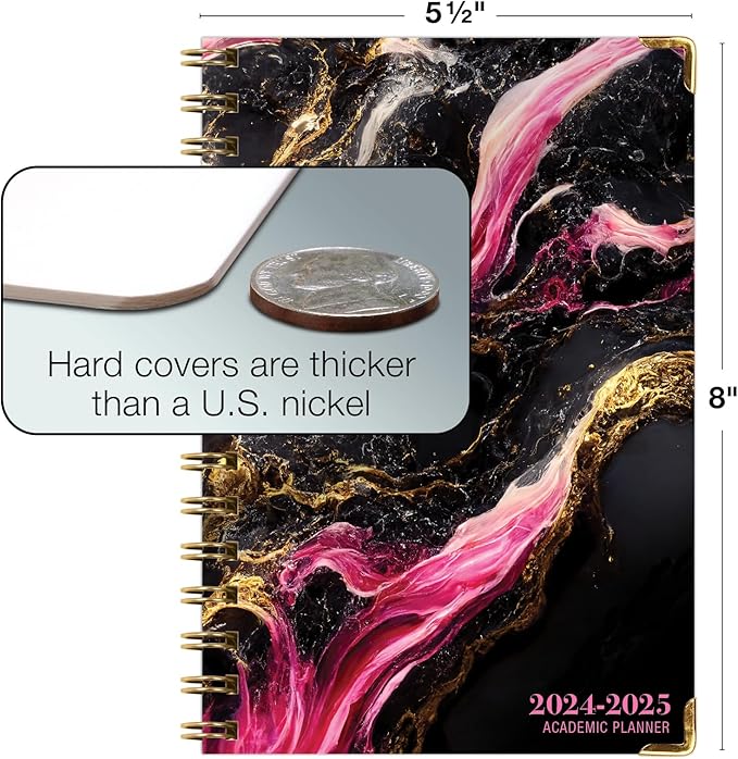 HARDCOVER Academic Year 2024-2025 Planner: (June 2024 Through July 2025) 5.5"x8" Daily Weekly Monthly Planner Yearly Agenda. Bookmark, Pocket Folder and Sticky Note Set (Dark Gold Marble)