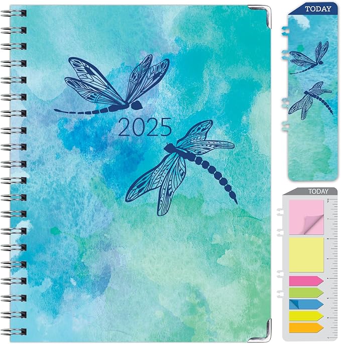 HARDCOVER 2025 Planner, 8.5"x11": 14 Months (November 2024 - December 2025), Daily Weekly Monthly Planner, Yearly Agenda, Bookmark, Pocket Folder and Sticky Note Set (Dragonflies)