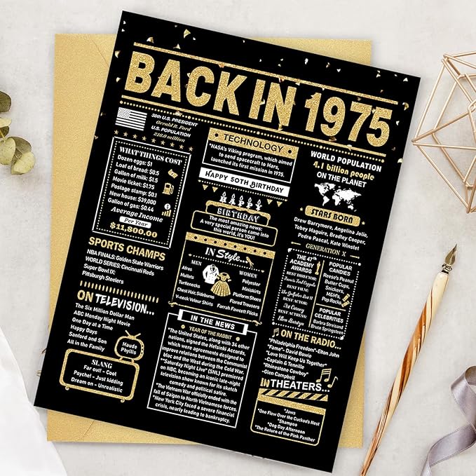50th Birthday Card, 50th Birthday Gifts for Women Men, 50th Birthday Decorations for Him Her, Back in 1975 Birthday Card, Black Gold