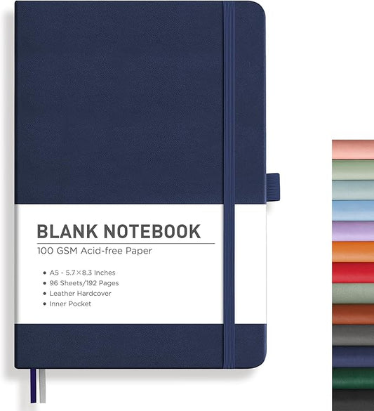 RETTACY Blank Journal Notebook, A5 Blank Journal with 192 Pages, 5.7'' × 8.3'' Medium Size, 68 LB/100 GSM Thick Paper, Leather Hardcover, for Sketching, Drawing, Painting (Navy Blue)