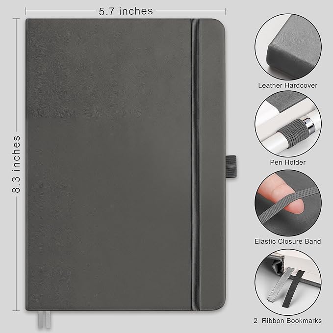 RETTACY Journaling Notebooks, A5 Lined Journal Notebook with 192 Numbered Pages, 5.7'' × 8.3'' Medium Size, for Writing, Work, Office, Leather Hardcover, 100 GSM Thick Paper (Gray)