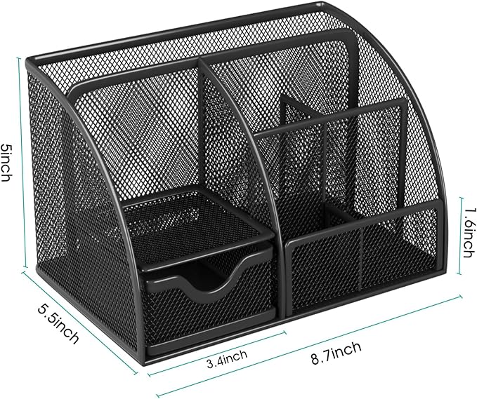 MaxGear Office Desk Organizer - 6 Compartment Pen Holder & Drawer, Metal Mesh Desktop Organizer with Non-Slip EVA Pad, Black Desk Caddy, 8.7" x 5.5" x 5"
