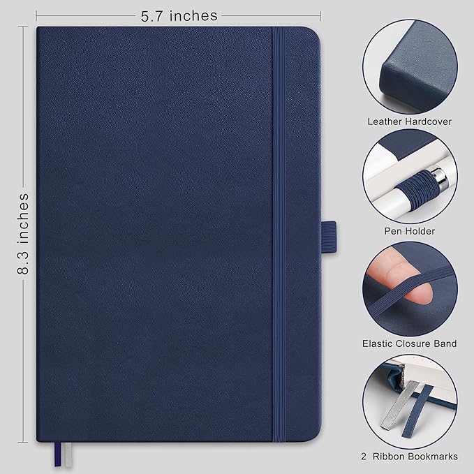 RETTACY Journaling Notebooks, A5 Lined Notebook Journal with 320 Numbered Pages, 5.7'' × 8.3'', Medium Size, Journal Notebook for Writing, Work, Leather Hardcover, 100 GSM Thick Paper (Navy Blue)
