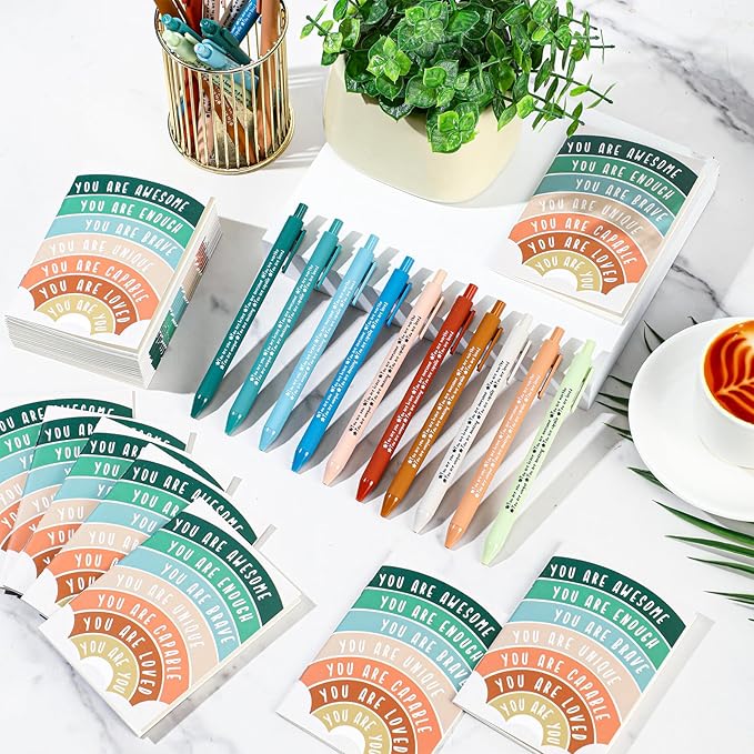 Janlaugh 200 Pcs Positive Affirmations Reminder Notepad Motivational Pen Positive Psychology Pocket Notebooks with Colored Ballpoint for Volunteer Week Mental Health Therapy Teacher Student Classroom