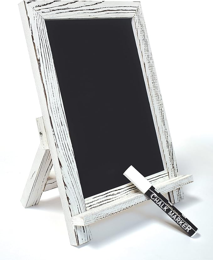 Better Office Products Framed Tabletop Chalkboard Sign, 9.5" x 14", Rustic Wood Frame, Small Magnetic Chalkboard with Built-in Ledge and Folding Stand, One White Chalk Marker Included,(Whitewash)
