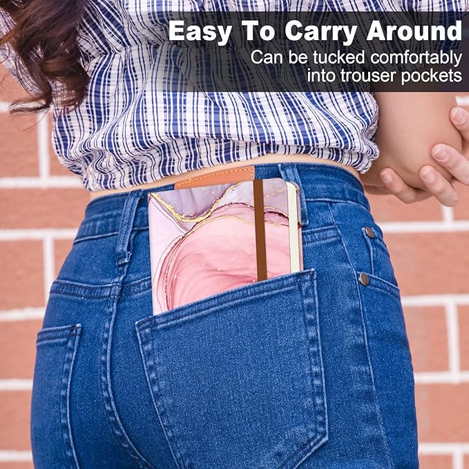 Small Notebook, Mini Pocket Journal A6 5.7" x 3.9", Leather Hardcover Journal with Pen Holder, 160 Thick Papers, Cute Lined Notebook Small Notepad for Women Writing Work Travel, Pink Marble