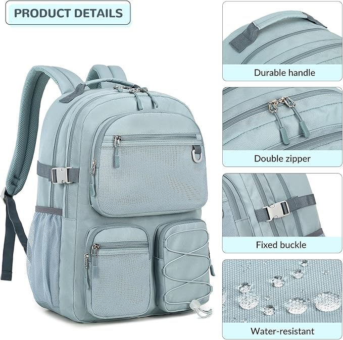 Lohol Water Resistant Daypack with Mulitiple Pockets for School Travel Outdoor College, 15.6 inch Laptop Backpack for Men and Women (Grey Blue