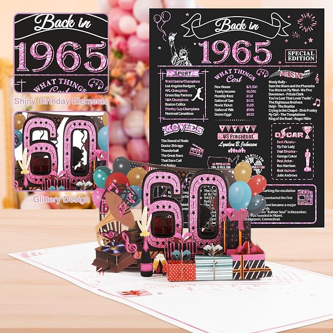60th Birthday Card for Women, Jumbo 3D Pop Up 60th Birthday Gifts for Mom Grandma, Back In 1965 Happy 60 Year Old Sister Birthday Decorations Cards Card for Her, Rose Gold
